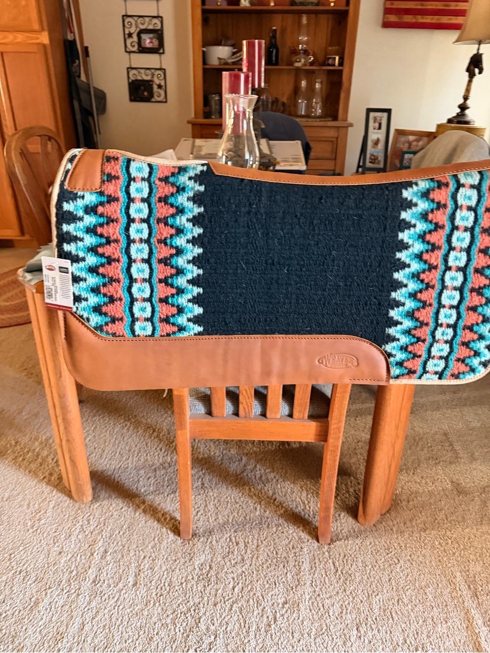 Western Style Black Saddle Pad with Turquoise and Coral Accent